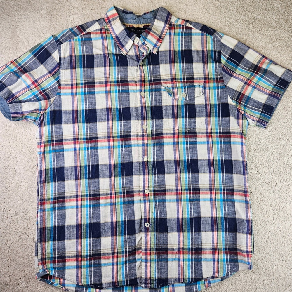 Men's Y2K Tommy Hilfiger Plaid Shirt Short Sleeve Button Up‎ Casual Size Large